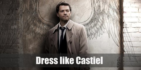  Castiel costume is a crisp white dress shirt, blue tie, black slacks, and his iconic khaki trench coat. 