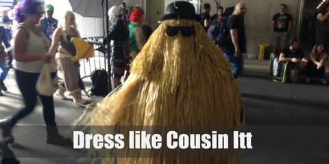 Cousin Itt costume is well-known for his physical appearance. He is covered with long brown hair from head to toe.