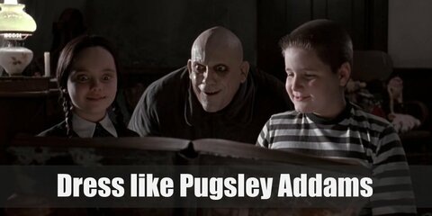 Pugsley Addam’s costume is very gothic like his peculiar family. He wears a black and white t shirt, black shorts, and black oxfords. 