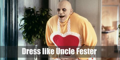 Uncle Fester costume is a great big black coat like a priest’s robes. He is also very bald. 