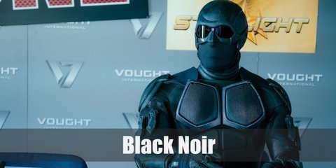 Black Noir costume is a black long-sleeved shirt, black pants with armor all around, and a full-head helmet and black goggles 