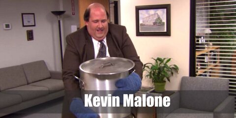  Kevin Malone’s costume is a long-sleeved white patterned button-down shirt, classic expandable gray dress pants, black Oxfords, a patterned necktie, and a gray office blazer jacket.