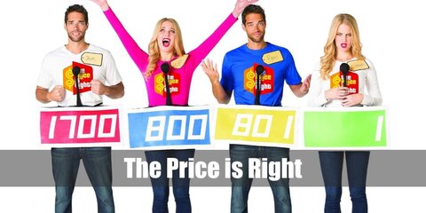  Price is Right’s costume is a Price is Right t-shirt printed with its original logo, stonewash regular fit blue jeans, brown casual sneakers, and a portable colored cardboard Price is Right podium monitor with a white indicated price guess.