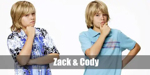 Zack and Cody's costume features blonde wigs, a blue polo shirt or Hawaiian shirt and board shorts.