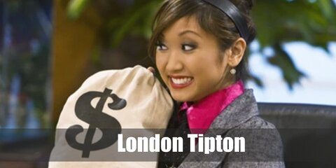 London Tipton's all-pink look features a ruffled dress, a beret, a bag, and a pair of shoes. She also wears a pearl necklace and hoop earrings'