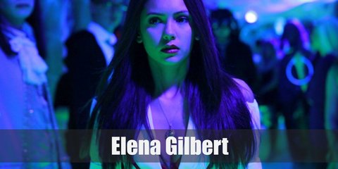 Elena Gilbert costume is a red tank top topped with a white coat, a nurse hat, sheer white stockings, white shoes, and a silver necklace.
