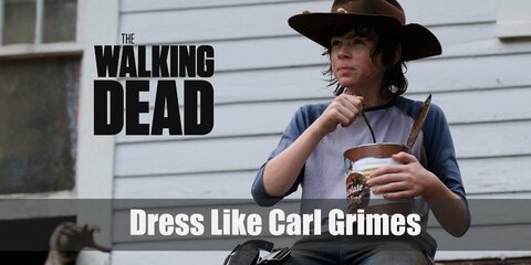 Carl Grimes costume is wearing undershirts, flannels, and jeans. He also loves donning on his dad’s deputy sheriff hat