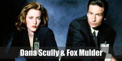  Dana Scully costume is a white dress shirt underneath a fitted black blazer, a black pencil skirt, and black pumps. Fox Mulder costume is composed of corporate jacket and pants with his FBI ID to show his profession.