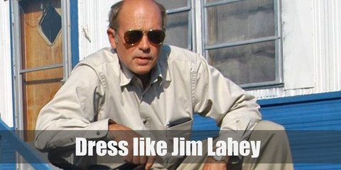  Jim Lahey’s outfit wearing his supervisor uniform which are a beige button-down shirt and khaki pants. He also likes wearing a pair of brown Aviators. 