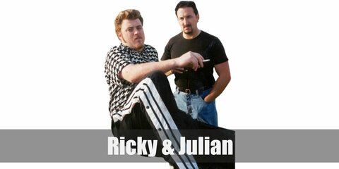 Ricky costume is a shirt with a houndstooth pattern paired with track pants. Meanwhile, Julian wears an all-black ensemble with his cool hair and mustache.