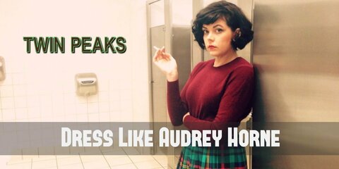 Audrey Horne costume is boat neck sweater, plaid skirt, saddle shoes.