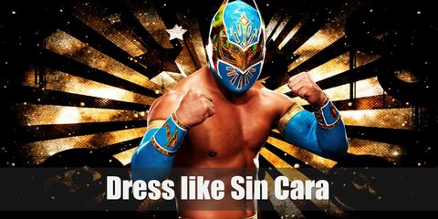 Sin Cara's signature outfit includes a green mask with wings, green armbands, green wrestling pants, and a pair of black boots.